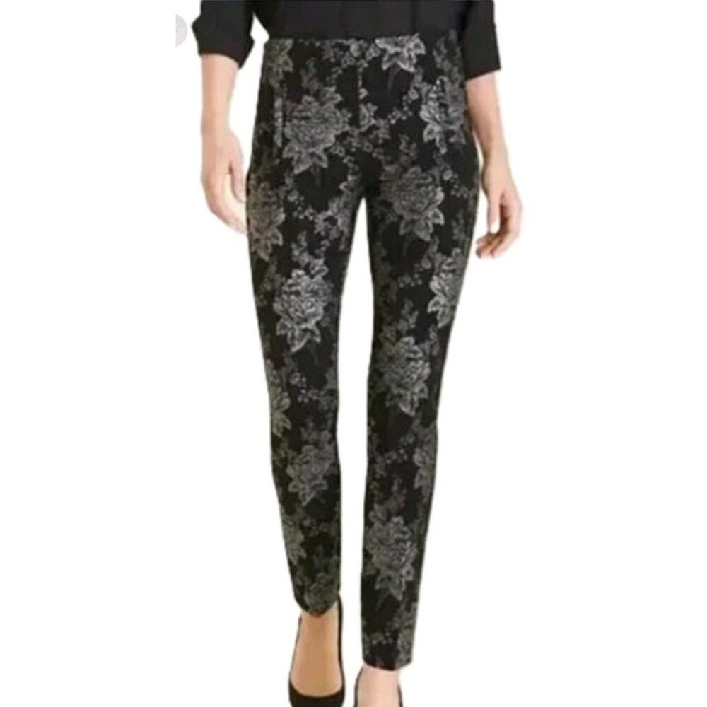 Chico's Juliet Black Silver Foiled Floral Ankle Ponte stretch Pants 8 NWT